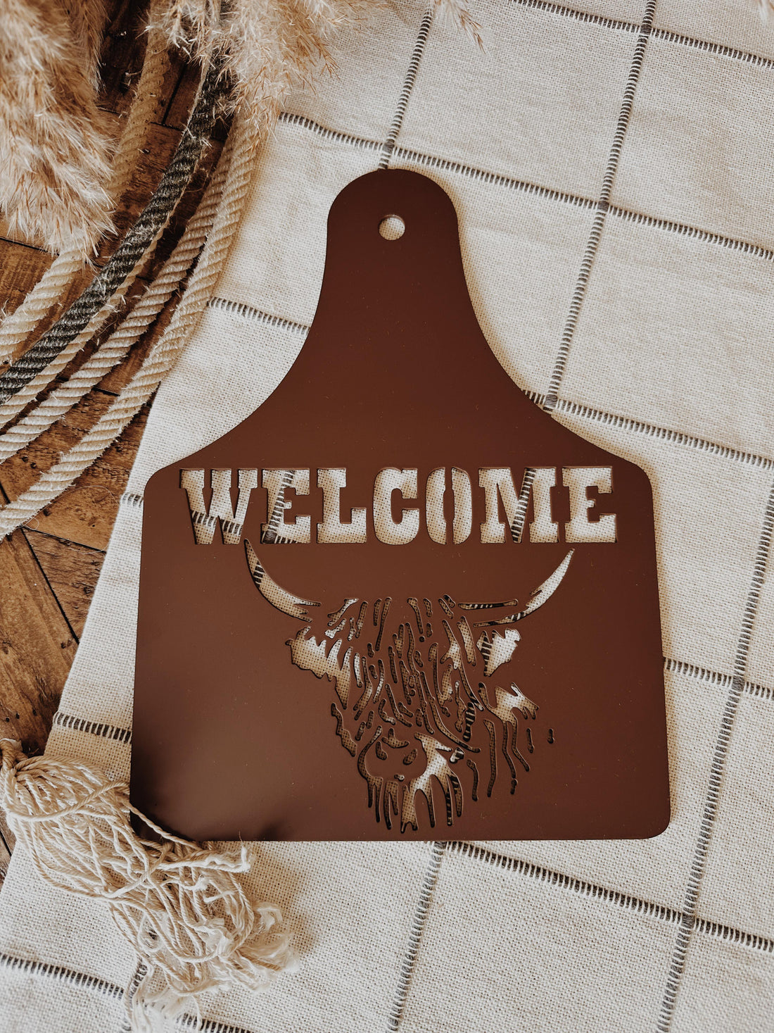 Chocolate Brown 12 inch Cattle Ear Tag Welcome Sign- Highland Cow