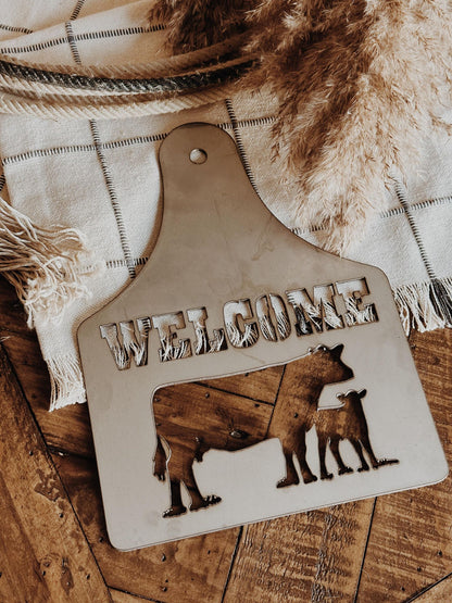 12 inch Cattle Ear Tag Welcome Sign-Traditional Cow/Calf Pair